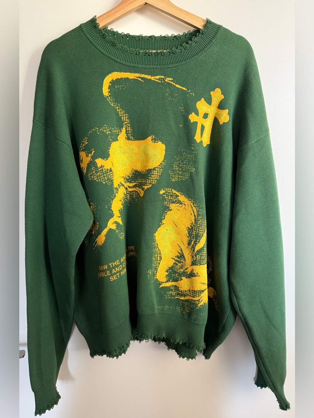 Wholeopolis Green Crewneck Sweater with Yellow Graphic Print